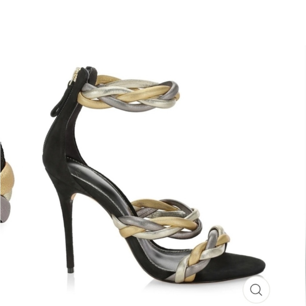 Alexandre Birman Selena Metallic Leather Braided Black Stiletto Sandals Size 38